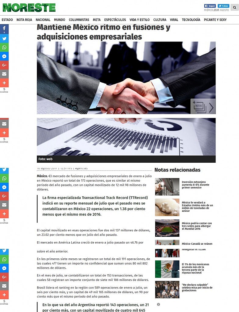 Mantiene Mxico ritmo en fusiones y adquisiciones empresariales